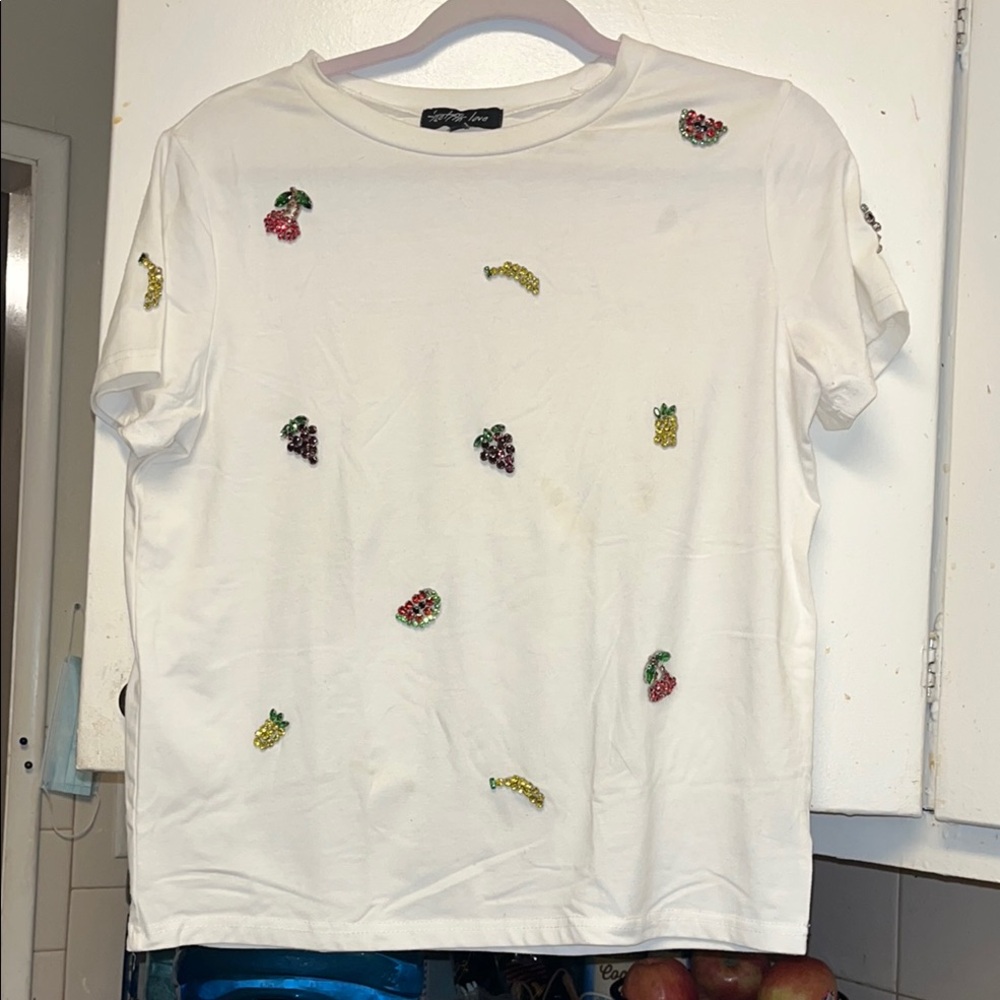 White Tee with Embroidered Fruit by Twelfth Love